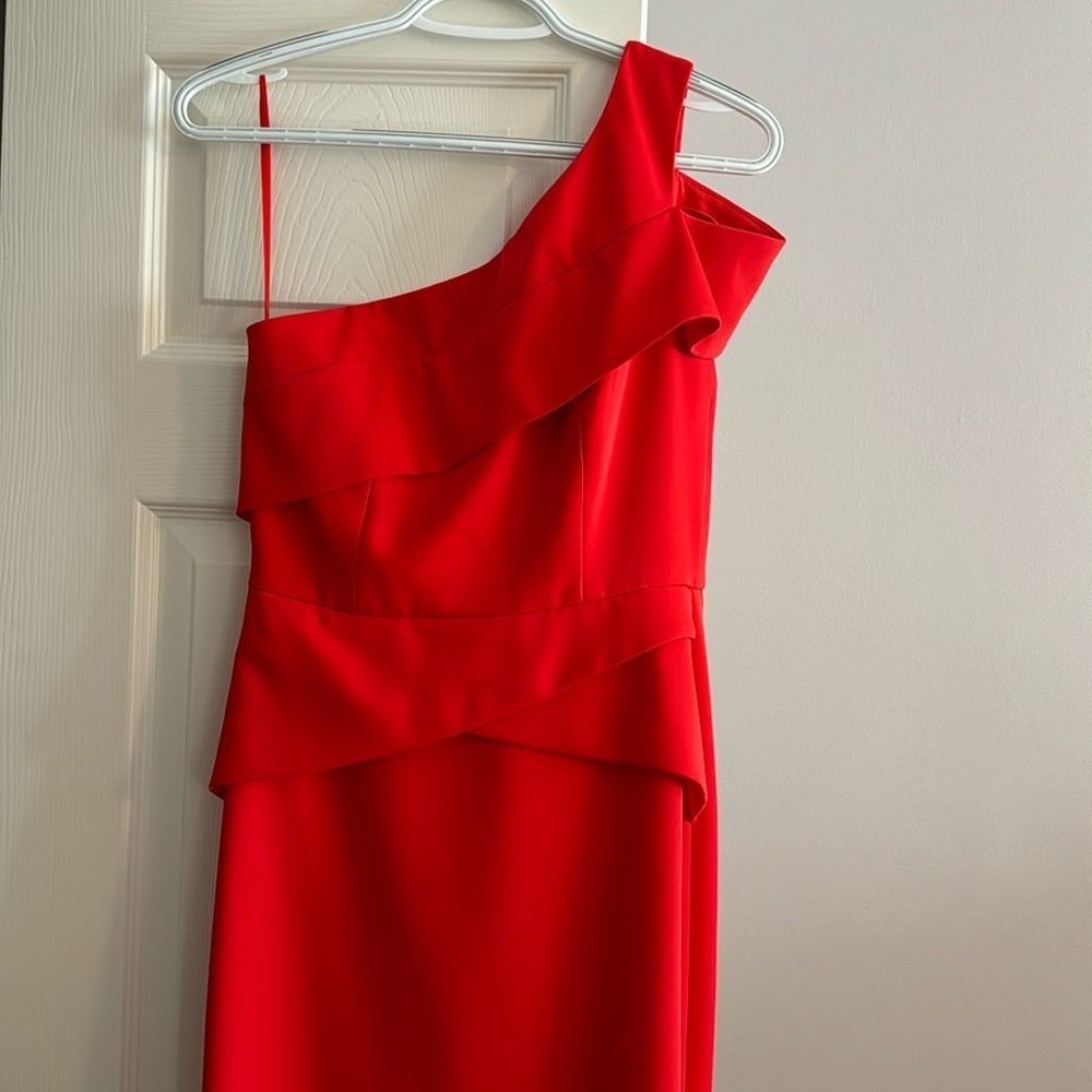 BCBG Maxazria red one shoulder gown